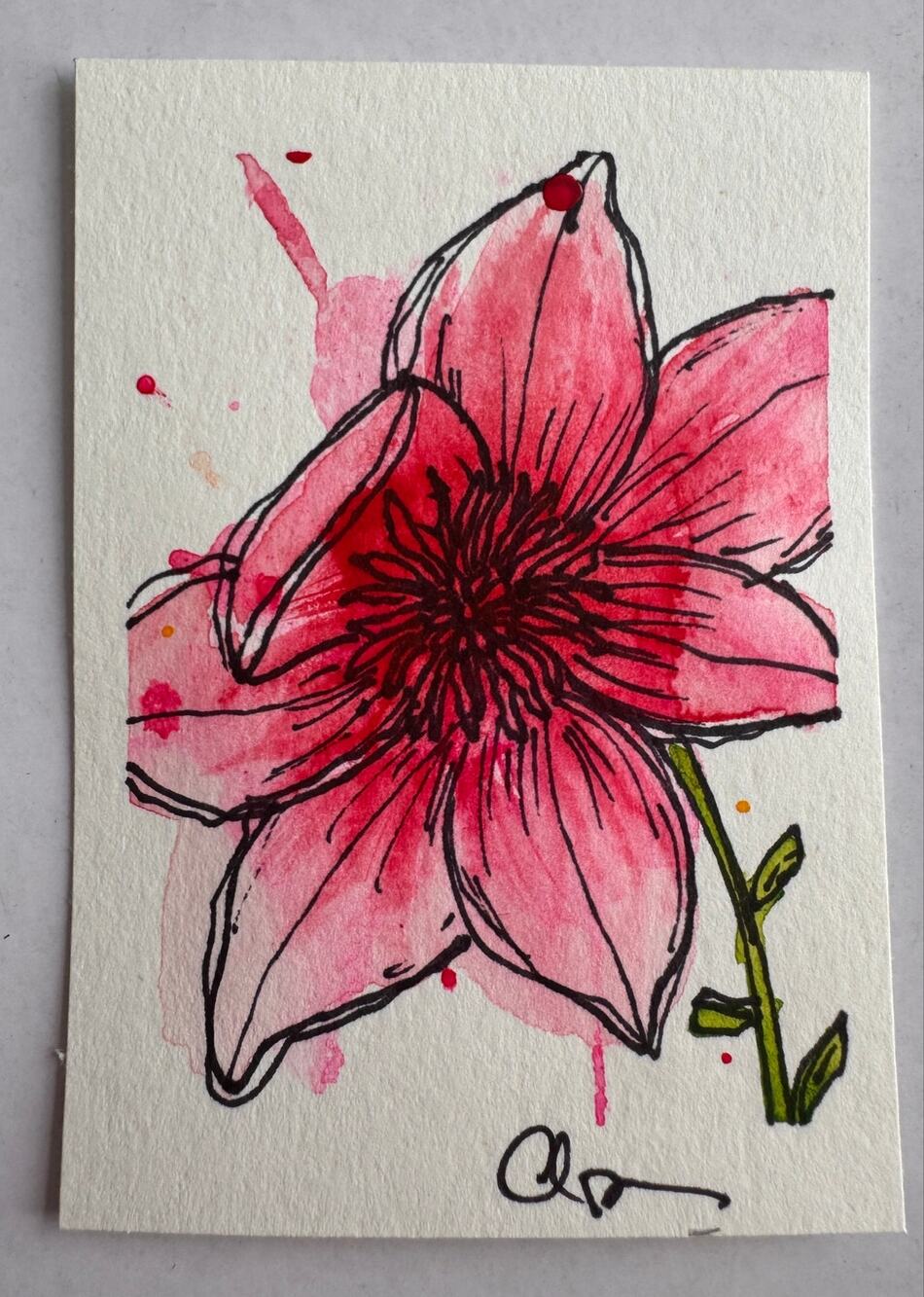 ACEO Pink Flower Original Watercolor Painting Signed Art #actuallyhandmade